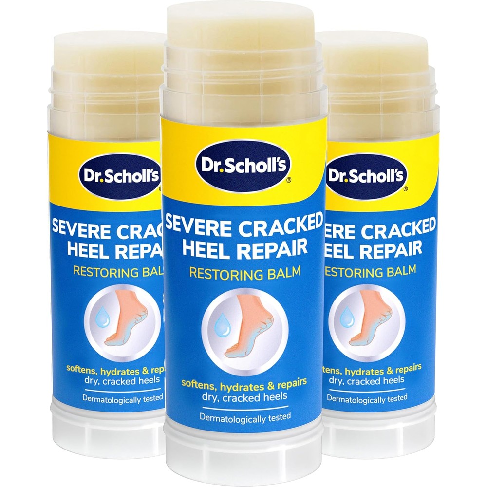 Dr. Scholl's Severe Cracked Heel Repair Restoring Balm front view for intensive dry foot treatment.