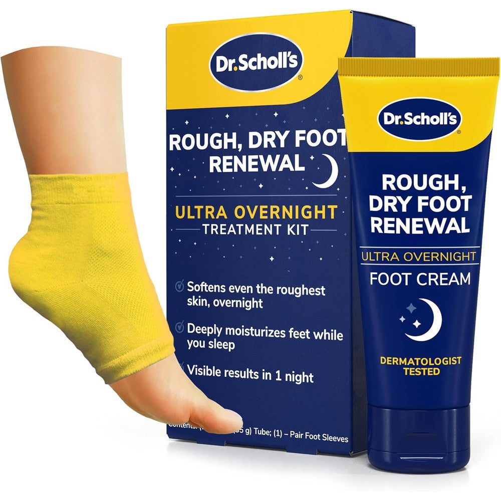 Dr. Scholl's Rough Dry Foot Renewal Ultra Overnight Treatment Kit front view showing the cream tube and packaged heel sleeves.