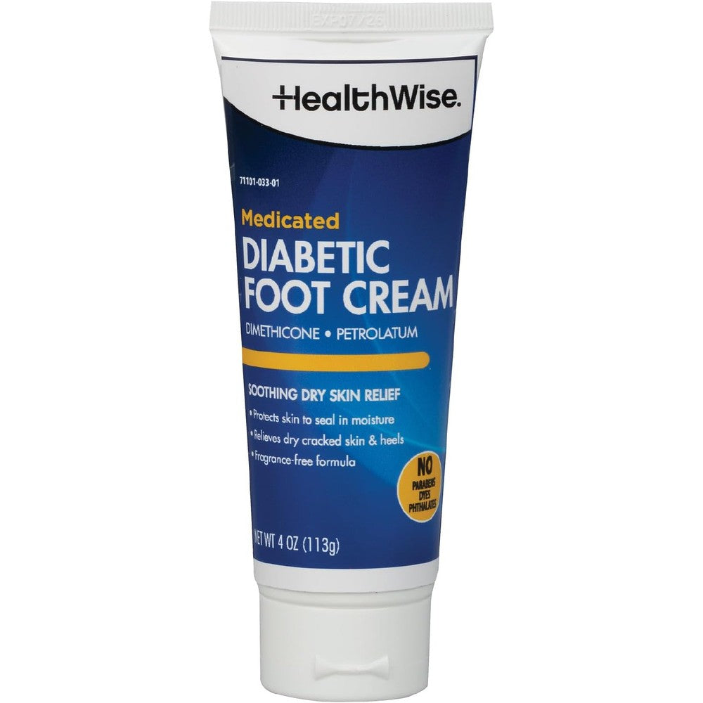 HealthWise Medicated Diabetic Foot Cream front view of the four ounce tube packaging.