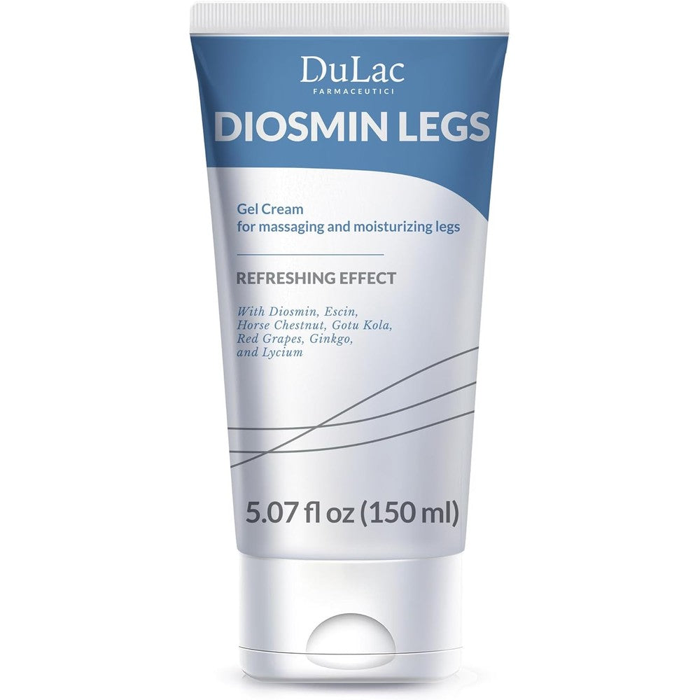 Dulàc Diosmin Legs Gel Cream front view of the white 150ml tube displaying key ingredients for leg circulation.
