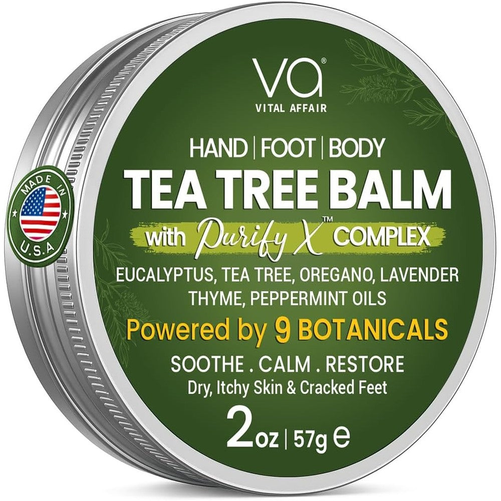 Vital Affair Tea Tree Oil Balm front view of the 2 ounce tin container for dry skin relief.
