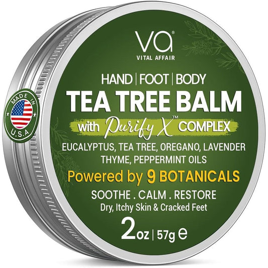 Vital Affair Tea Tree Oil Balm front view of the 2 ounce tin container for dry skin relief.