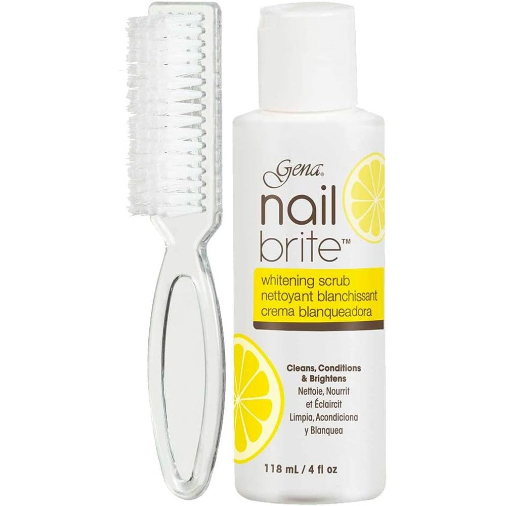 Gena Nail Brite Whitening Scrub front view bottle with included manicure brush