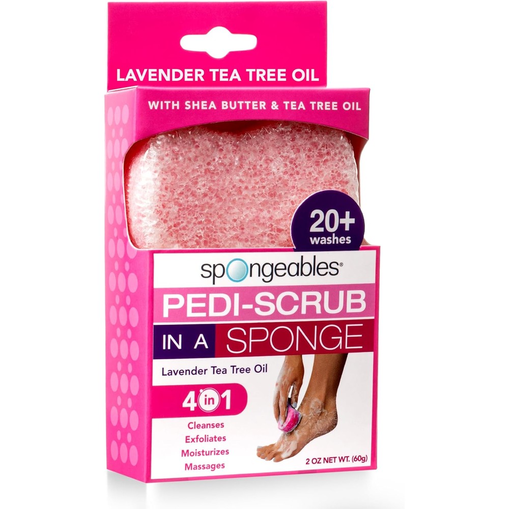 Spongeables Pedi Scrub Foot Exfoliating Sponge front view showing pink packaging