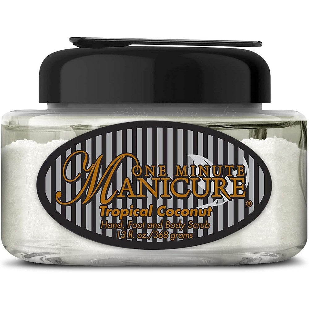 One Minute Manicure Moisturizing Salt Scrub Tropical Coconut front view packaging for professional hand and foot exfoliation.