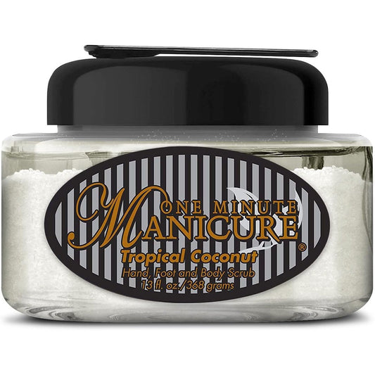 One Minute Manicure Moisturizing Salt Scrub Tropical Coconut front view packaging for professional hand and foot exfoliation.