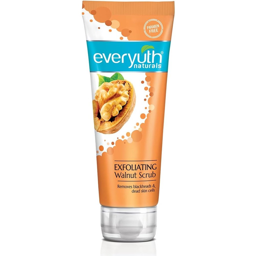 Everyuth Naturals Exfoliating Walnut Scrub front view tube for deep blackhead removal skincare routine.