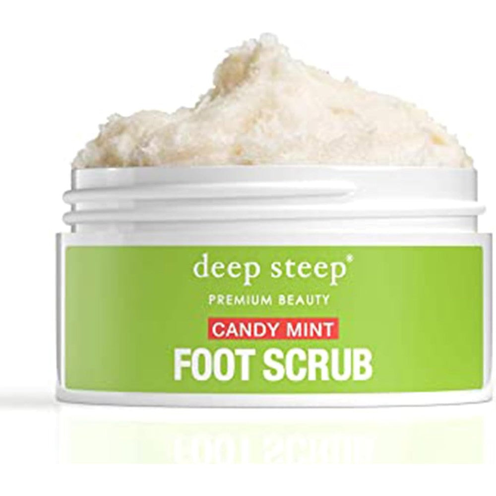 Deep Steep Natural Candy Mint Therapeutic Foot Scrub 8 Ounce front view jar showing authentic green label.