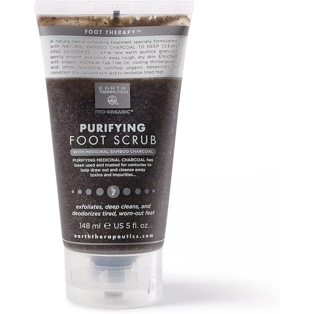 Earth Therapeutics Purifying Foot Scrub front view of the five fluid ounce packaging for natural exfoliating foot care