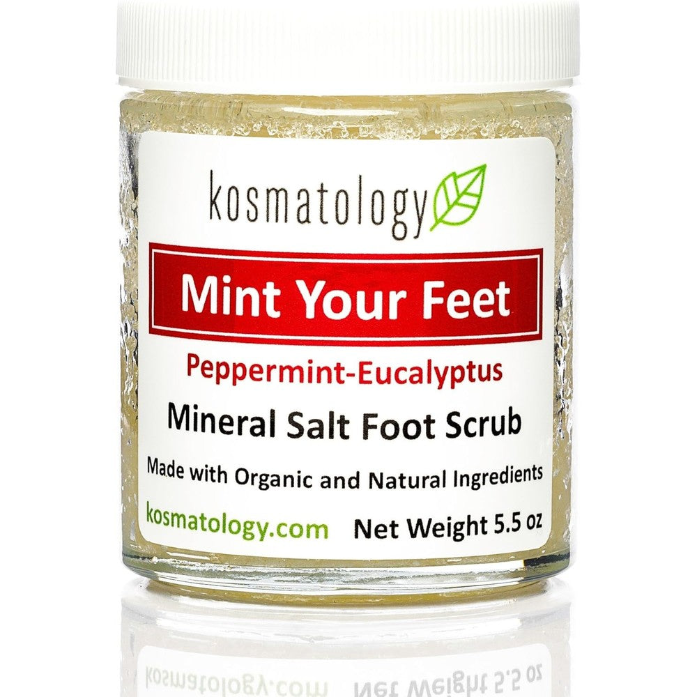 Kosmatology Mint Your Feet Mineral Foot Scrub front view of the 5.5 Ounce jar.