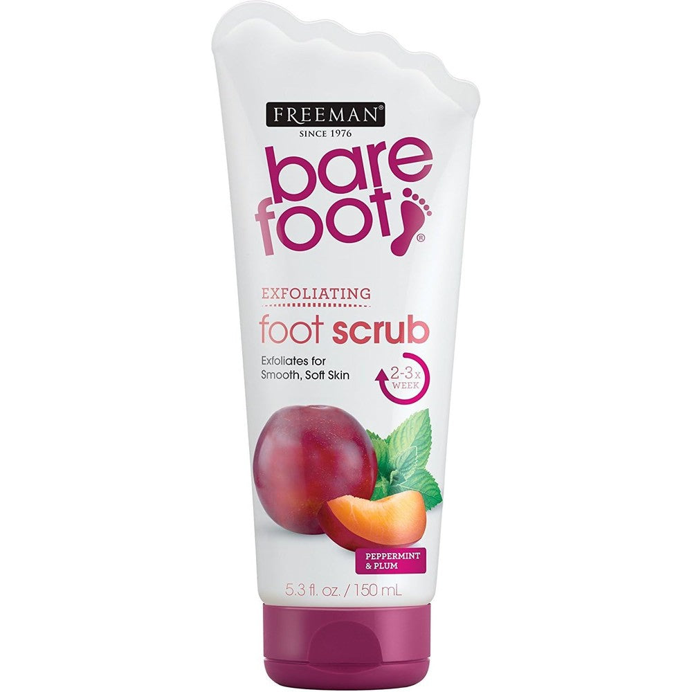 Freeman Bare Foot Exfoliating Foot Scrub Peppermint and Plum front view packaging for smooth heels