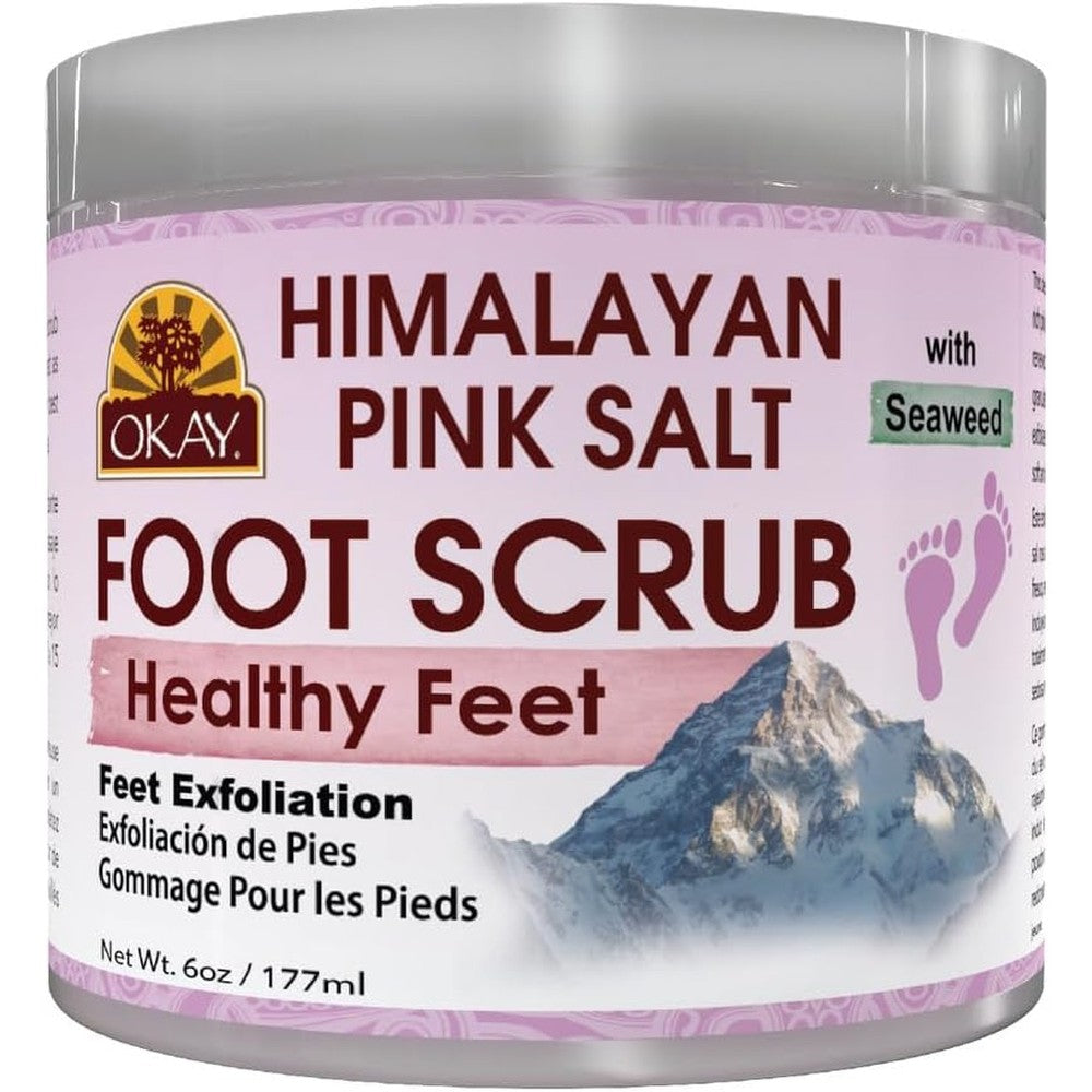 OKAY Himalayan Pink Salt with Seaweed Foot Scrub 6 Ounce front view jar for smooth feet.