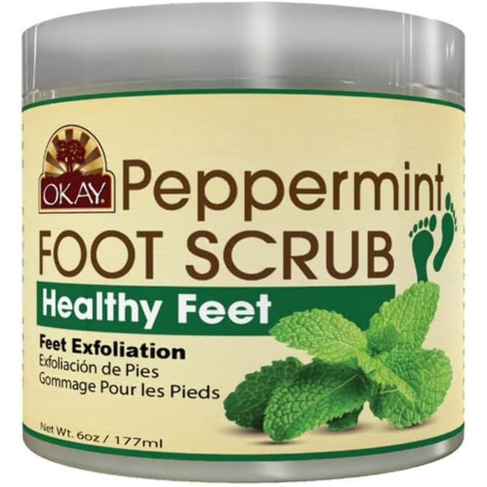 OKAY Peppermint Foot Scrub 6 Ounce front view jar for cracked heels pedicure care.