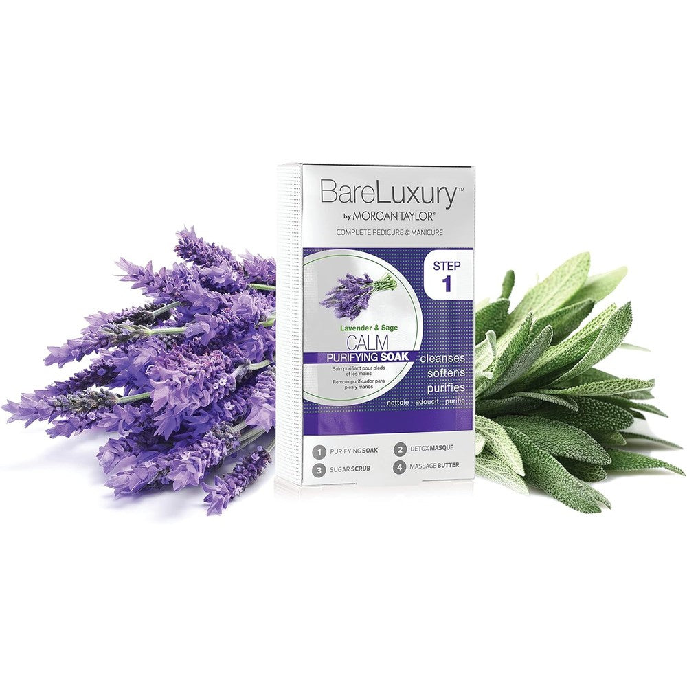 Morgan Taylor BareLuxury 4-Step Complete Pedicure and Manicure Pack front view showing the Calm Lavender and Sage packaging.