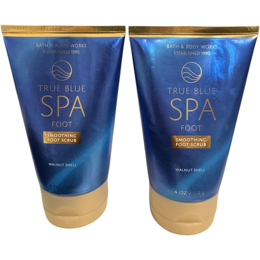 Bath and Body Works True Blue Spa Walnut Shell Smoothing Foot Scrub front view of the packaging tube.