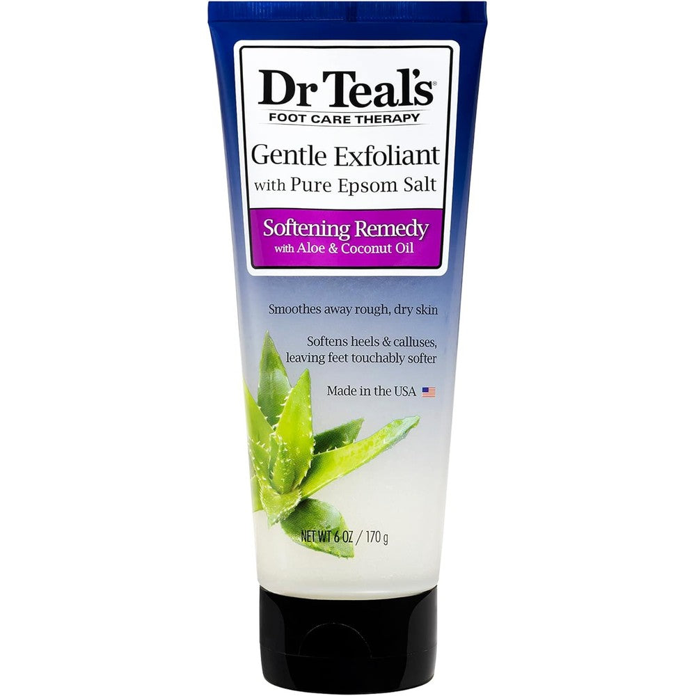 Dr. Teal's Gentle Exfoliant Foot Scrub 6 Ounce front view package showing pure Epsom salt and coconut oil ingredients.