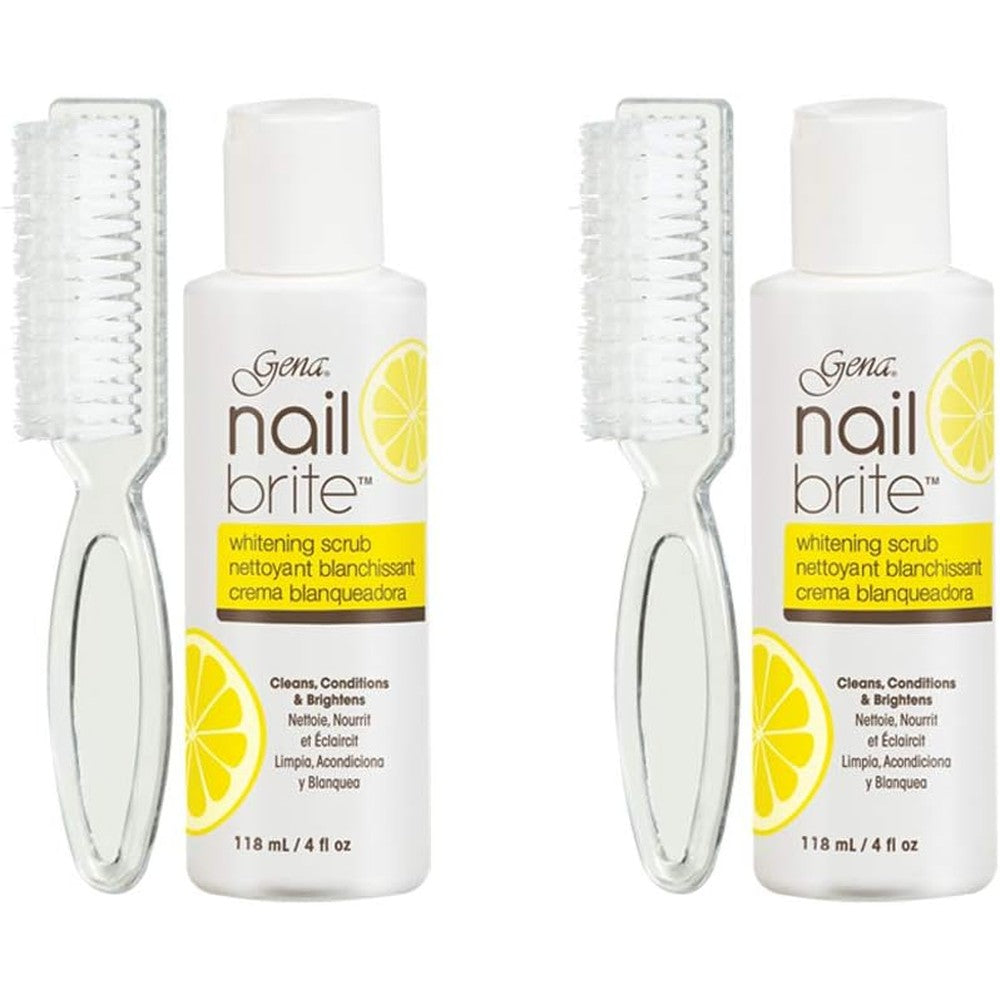 Gena Nail Brite whitening scrub bottle front view with clear applicator brush on a white background