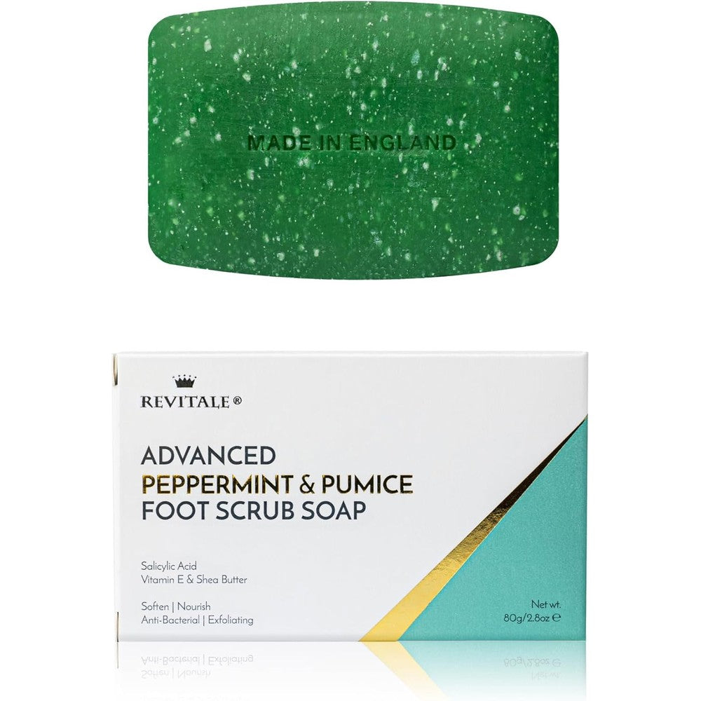 REVITALE Advanced Peppermint and Pumice Foot Scrub Soap front packaging view for cracked heel treatment