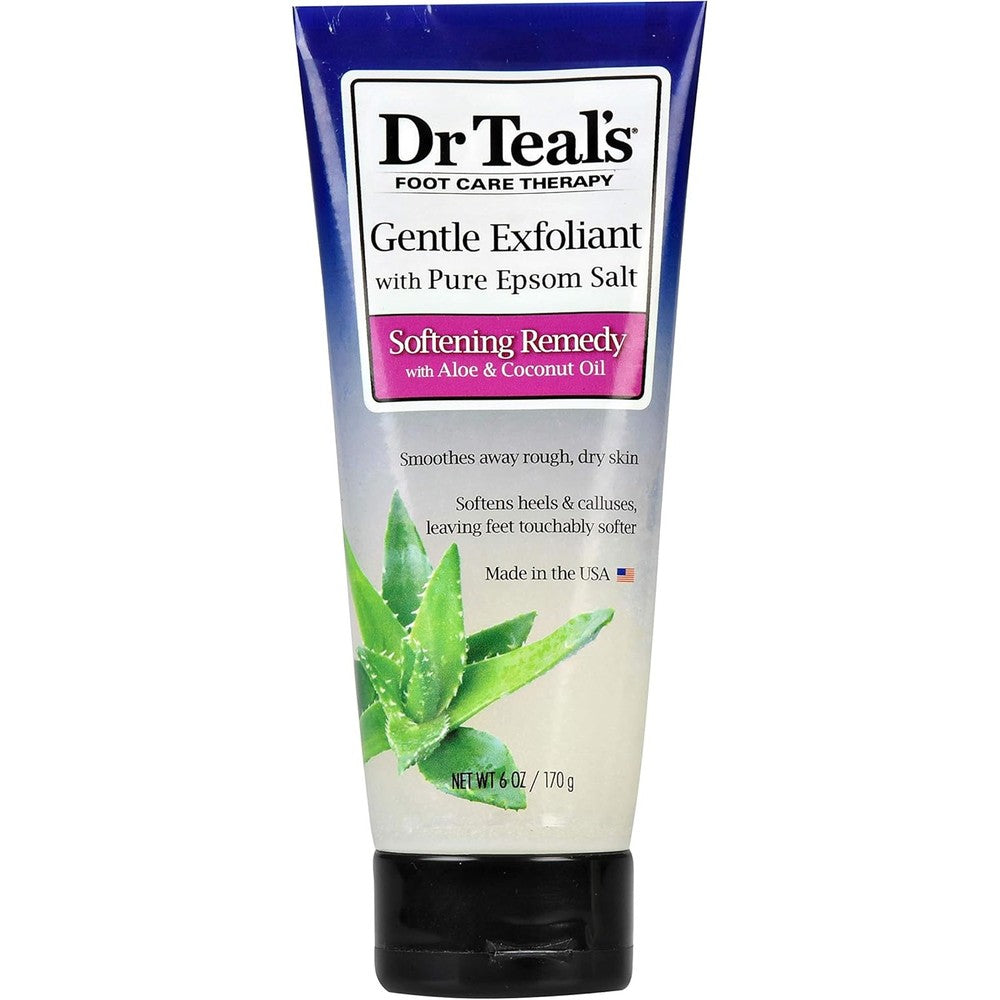 Dr Teal's Softening Foot Scrub 6 Ounce front view of the tube showing pure Epsom salt ingredients.