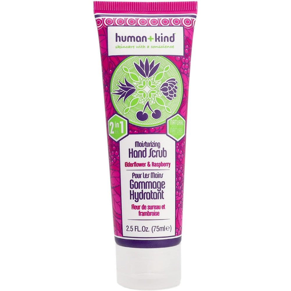 Human+Kind Elderflower and Raspberry Moisturizing Hand Scrub tube front view