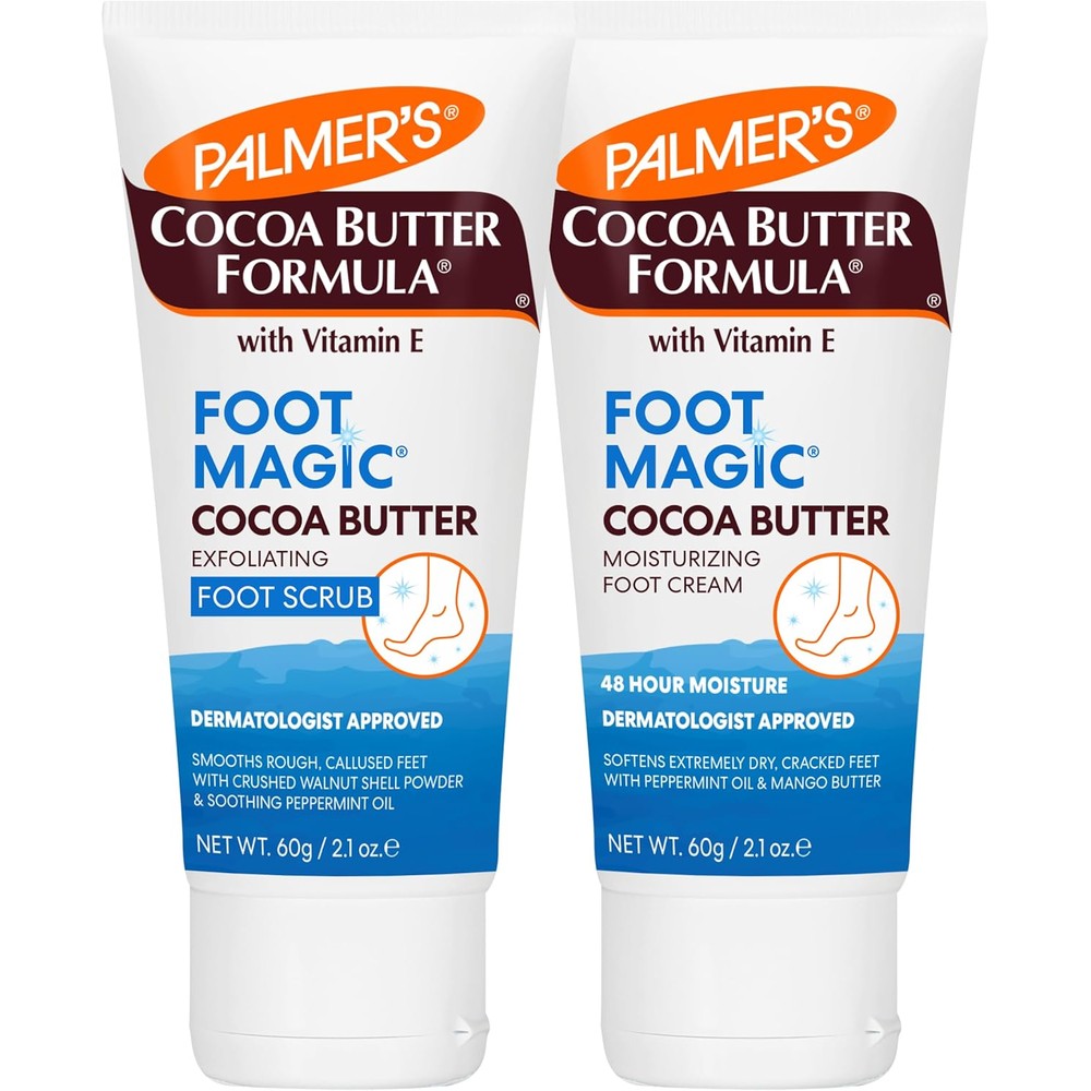 Palmer's Cocoa Butter Formula Foot Magic Bundle Exfoliating Foot Scrub And Moisturizing Foot Cream For Dry Cracked Heels 2 x 2.1 Ounce Tubes - Image 1