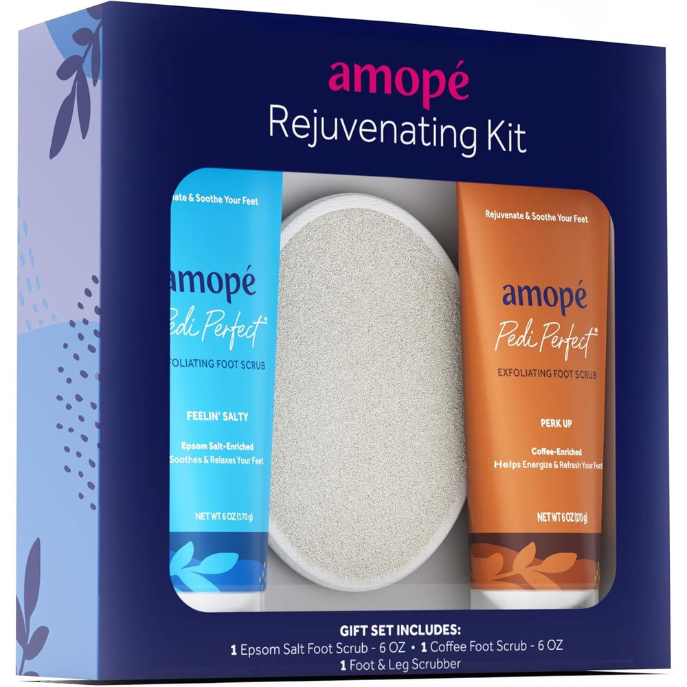 Amope Rejuvenating Kit front view with foot scrubs and scrubber