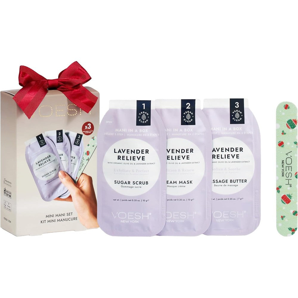 Voesh Mini Mani Gift Set front view with 3-step treatment sachets