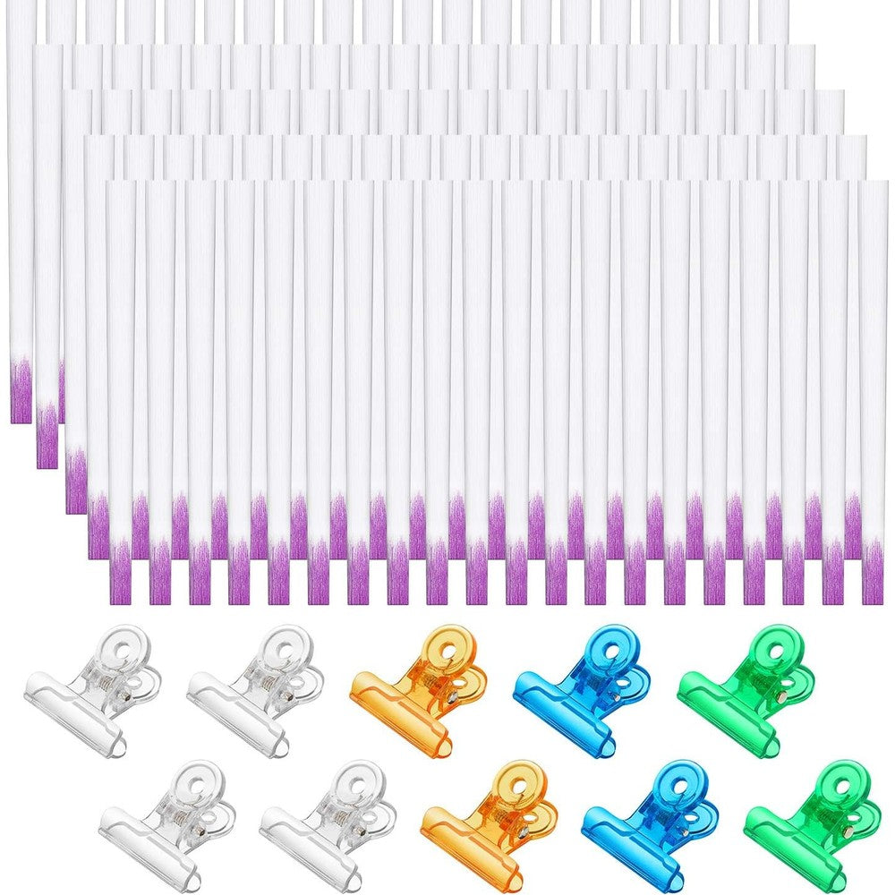Blulu 100 Pieces Fiberglass Nail Extension Kit front view showcasing white fiber strips and colored pinching clips for DIY manicures.