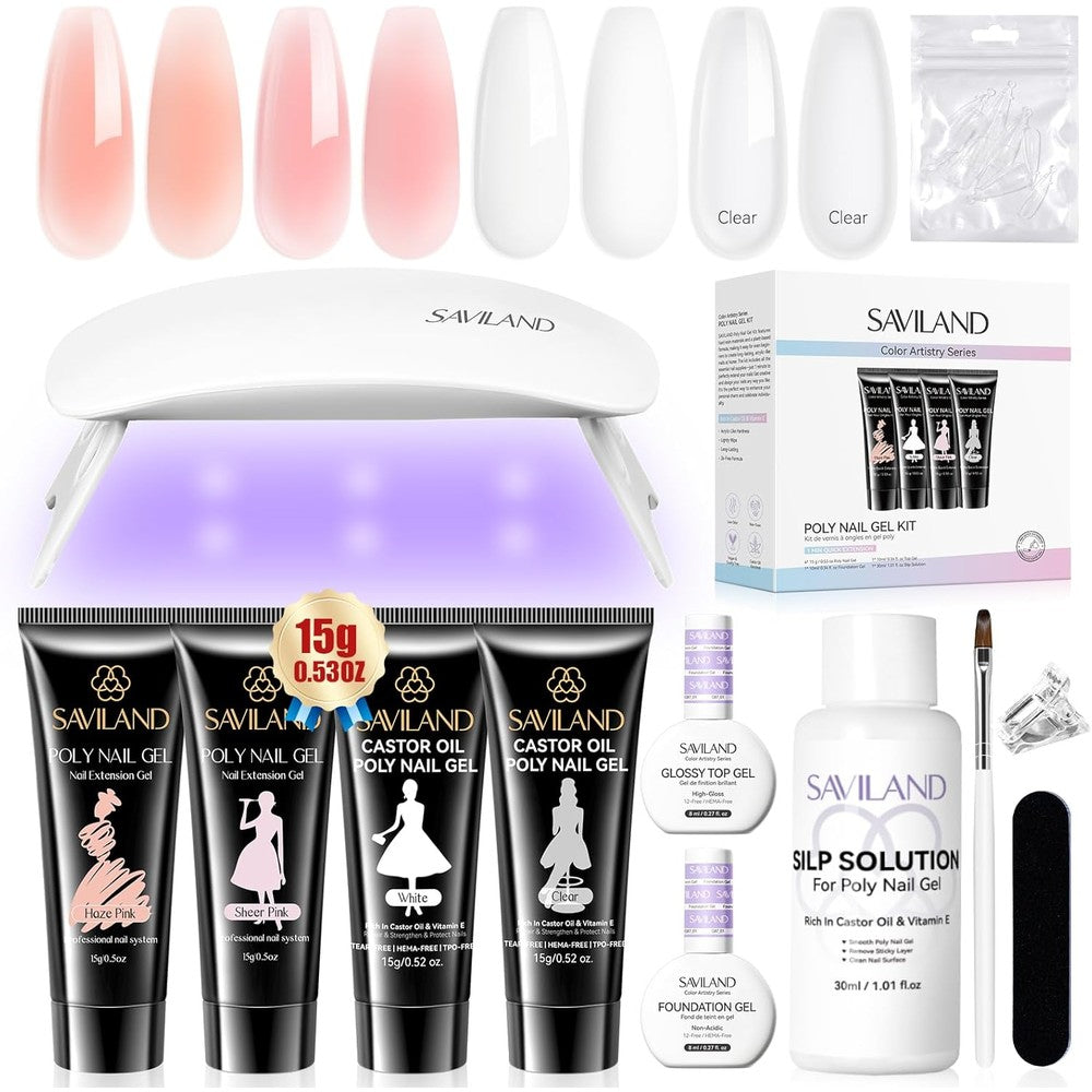 Saviland Poly Gel Nail Kit Starter With 4 Colors Natural Clear Poly Nail Gel And Ultraviolet Lamp Slip Solution For Salon Quality Home Nail Extensions - Image 1