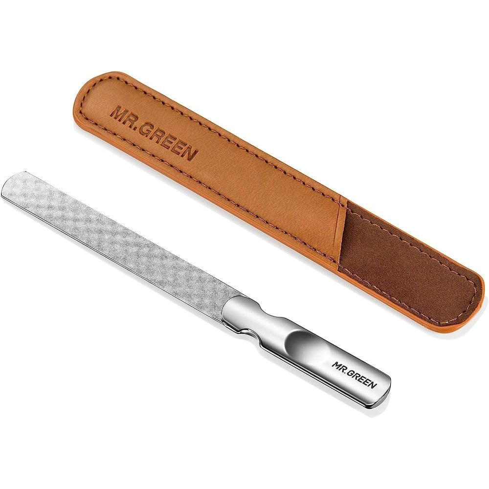 Mr. Green professional stainless steel nail file with leather case front view