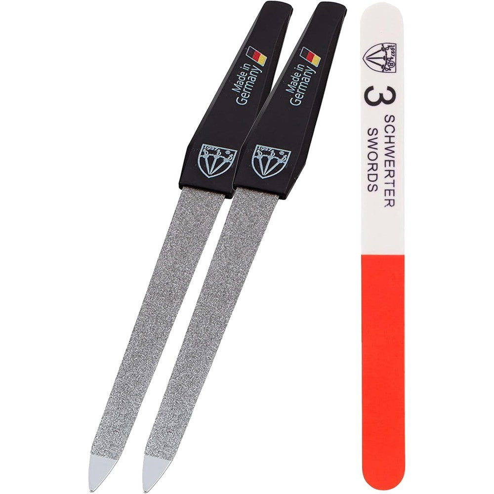 3 Swords Germany sapphire metal nail file set with 3-way buffer front view