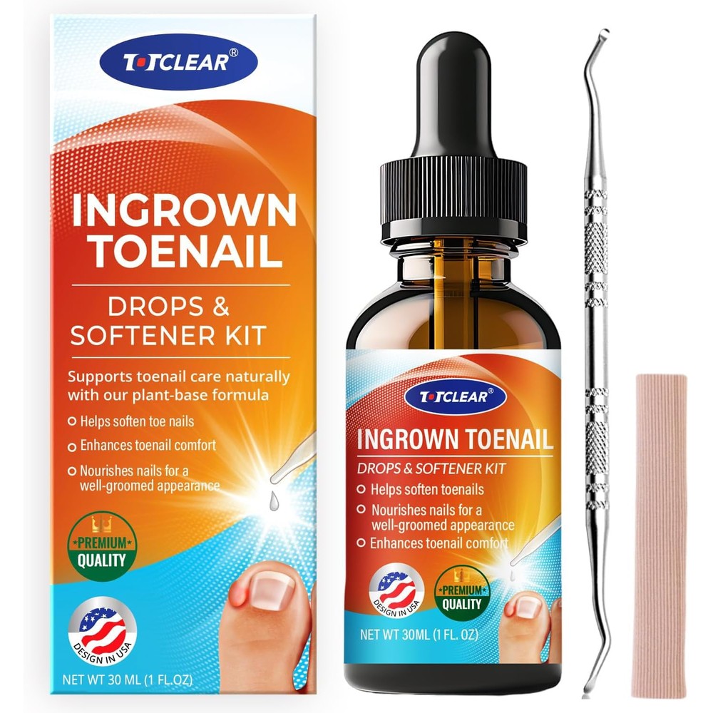 Totclear Ingrown Toenail Relief Kit front view with 30ml bottle and tools