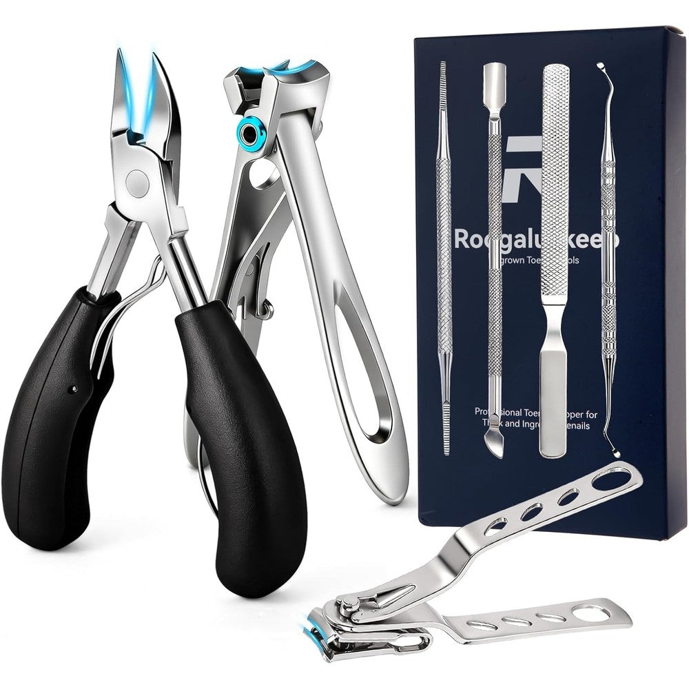 Roogaluckeep professional ingrown toenail tools 7-piece set front view showing all stainless steel instruments arranged neatly in a protective travel case.