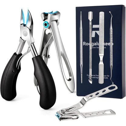 Roogaluckeep professional ingrown toenail tools 7-piece set front view showing all stainless steel instruments arranged neatly in a protective travel case.