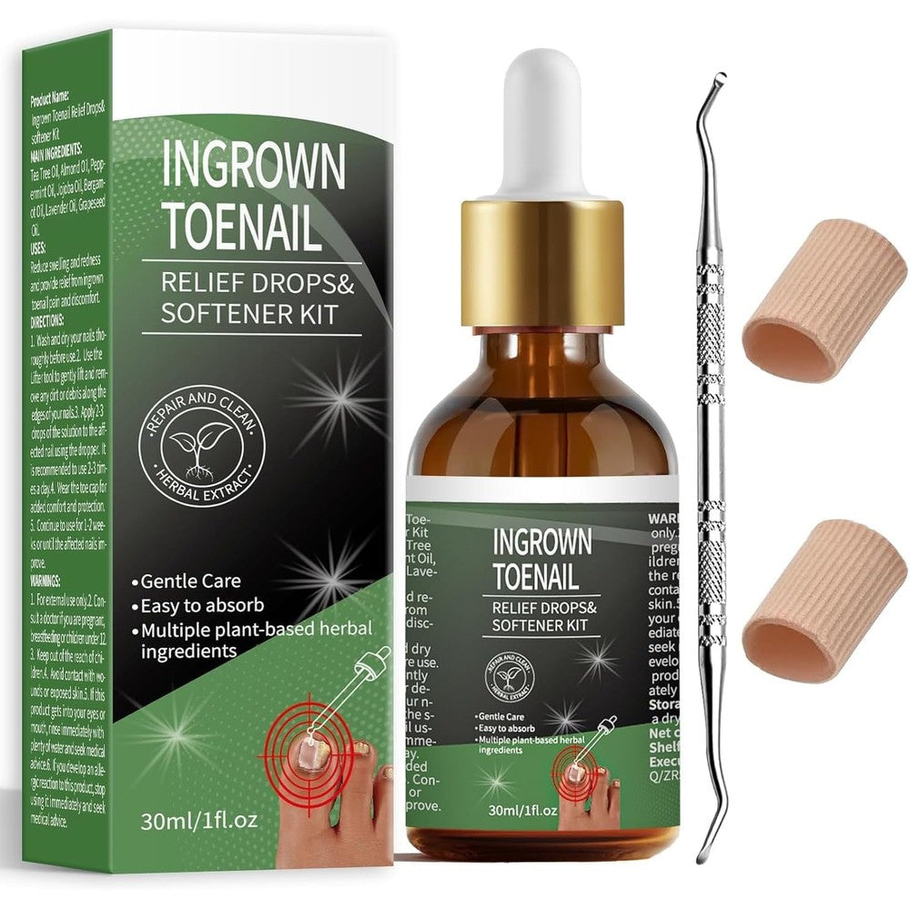 NWAKRD ingrown toenail treatment kit front packaging view showing softening oil bottle and gel caps