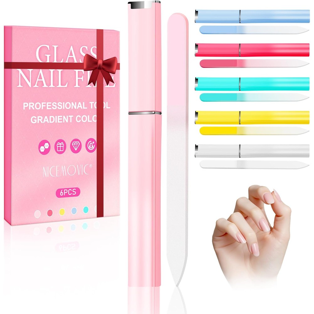 Nicemovic 6 pack glass nail files set with gradient colors front view