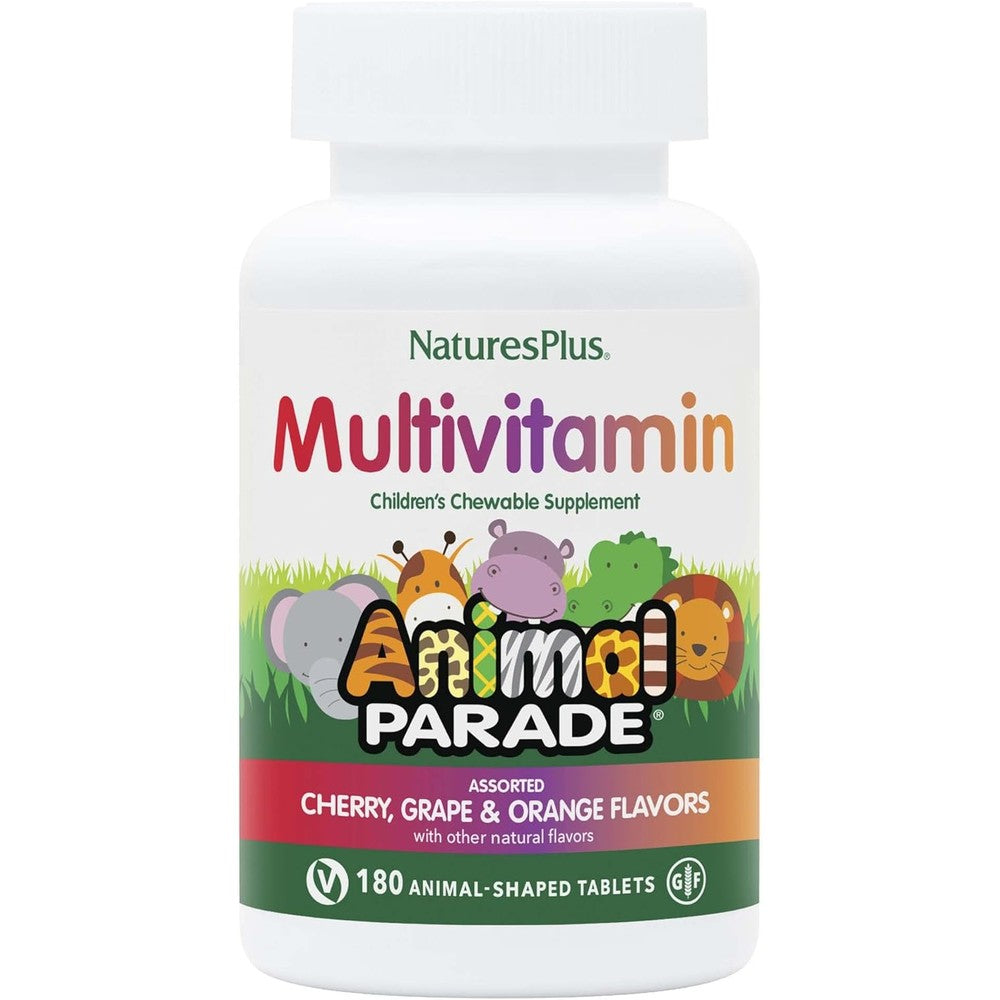 NaturesPlus Animal Parade Children's Chewable Multivitamin 180 tablets bottle front view for kids daily nutrition.