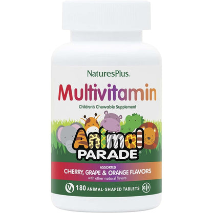 NaturesPlus Animal Parade Children's Chewable Multivitamin 180 tablets bottle front view for kids daily nutrition.