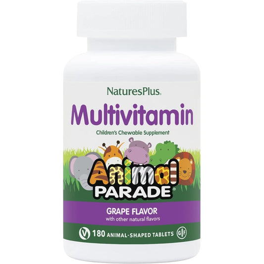 NaturesPlus Animal Parade Children's Chewable Multivitamin Grape 180 Tablets front bottle view