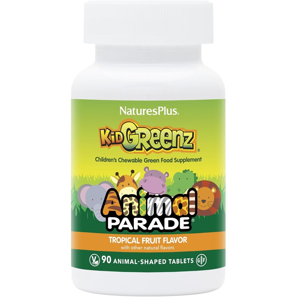 NaturesPlus Animal Parade KidGreenz 90 tablets front bottle view for children's health.