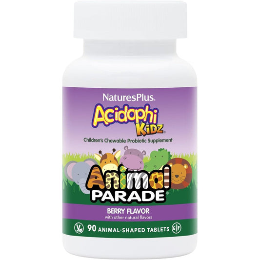 NaturesPlus Animal Parade AcidophiKidz bottle front view for kids digestive health.