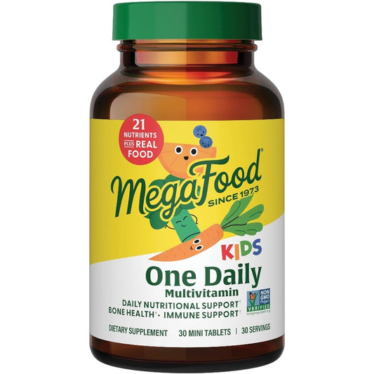 MegaFood Kids One Daily Multivitamin front view of 30 tablets bottle for daily nutrition.