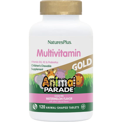 NaturesPlus Animal Parade Gold watermelon flavored multivitamin tablets for kids support immune