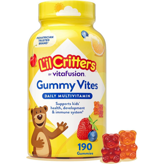 Lil Critters 190 Gummy Vites bottle with assorted fruit shapes for overall health