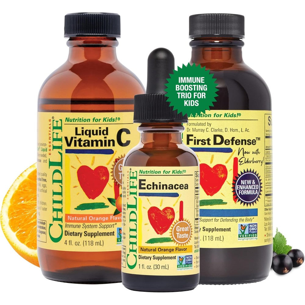 ChildLife Essentials Immune Support Three Pack front view showing liquid vitamin bottles for children