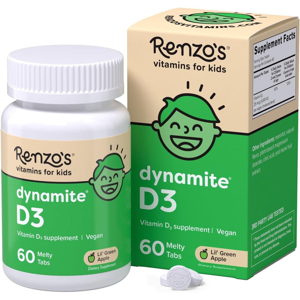 Renzo's Dynamite Vitamin D3 front bottle view kids supplement.