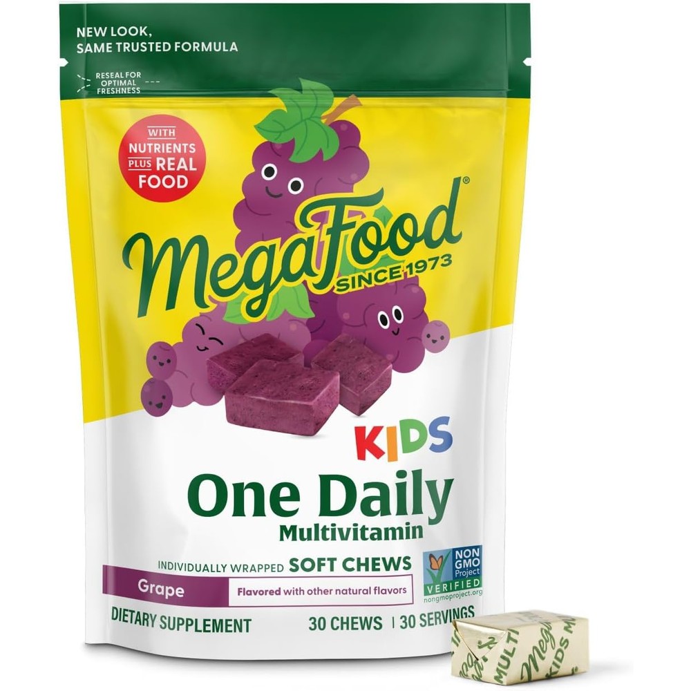 MegaFood Kids One Daily Multivitamin 30 Soft Chews grape flavor bottle for energy