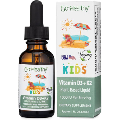 Go Healthy Natural Kids Vitamin D3 K2 front view of bottle and dropper.