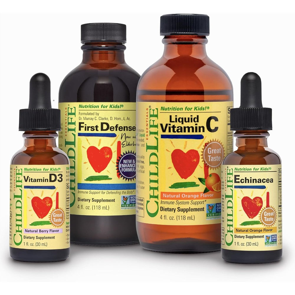 ChildLife Essentials Immune Support Four Pack front view of liquid vitamin bottles for kids