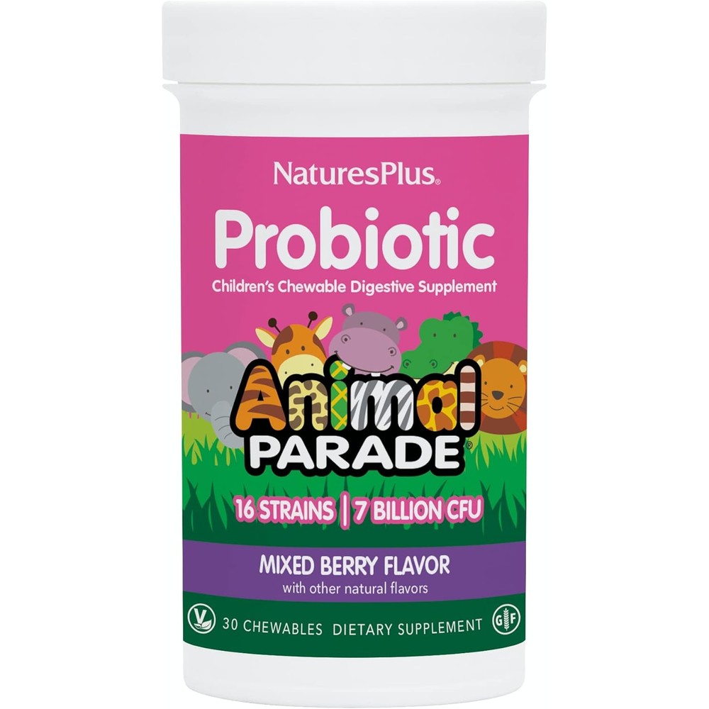 NaturesPlus Animal Parade Probiotic 30 Tablets front view for children's gut health.